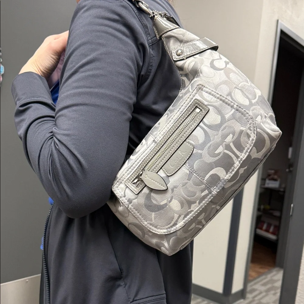 Coach Moto Silver and Gray Optic C Monogram Medium Hobo Bag